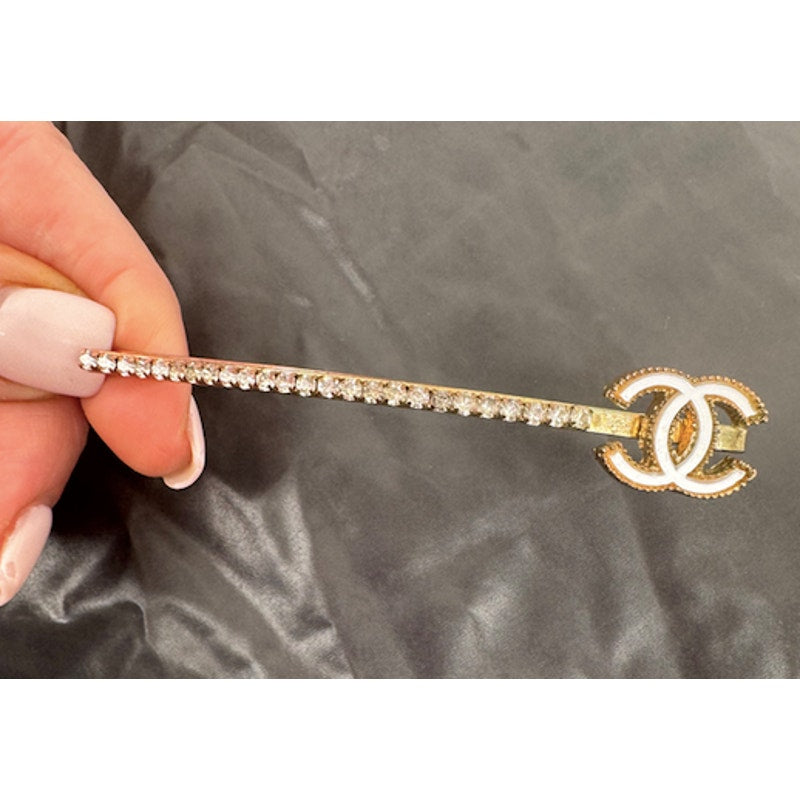 Chanel CC Enamel and Crystal White & Gold Tone Hair Pin