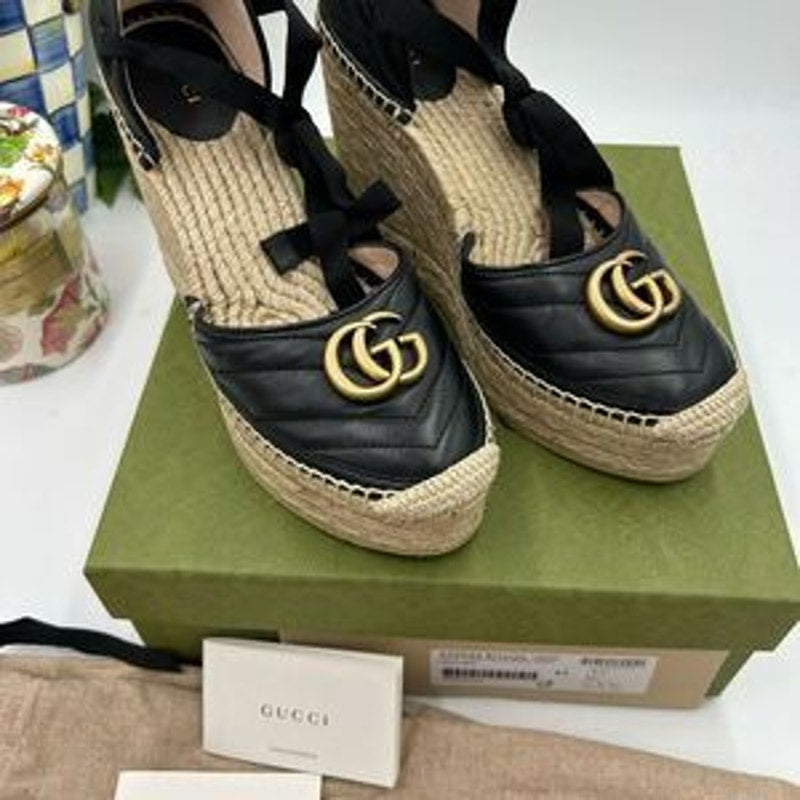 Women's Gucci GG wedge ankle tie Espadrilles size 41 made in Spain