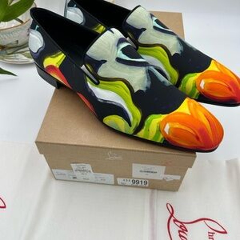 Men's Christian Louboutin, dandy, chick floral satin loafers size 45 made Italy
