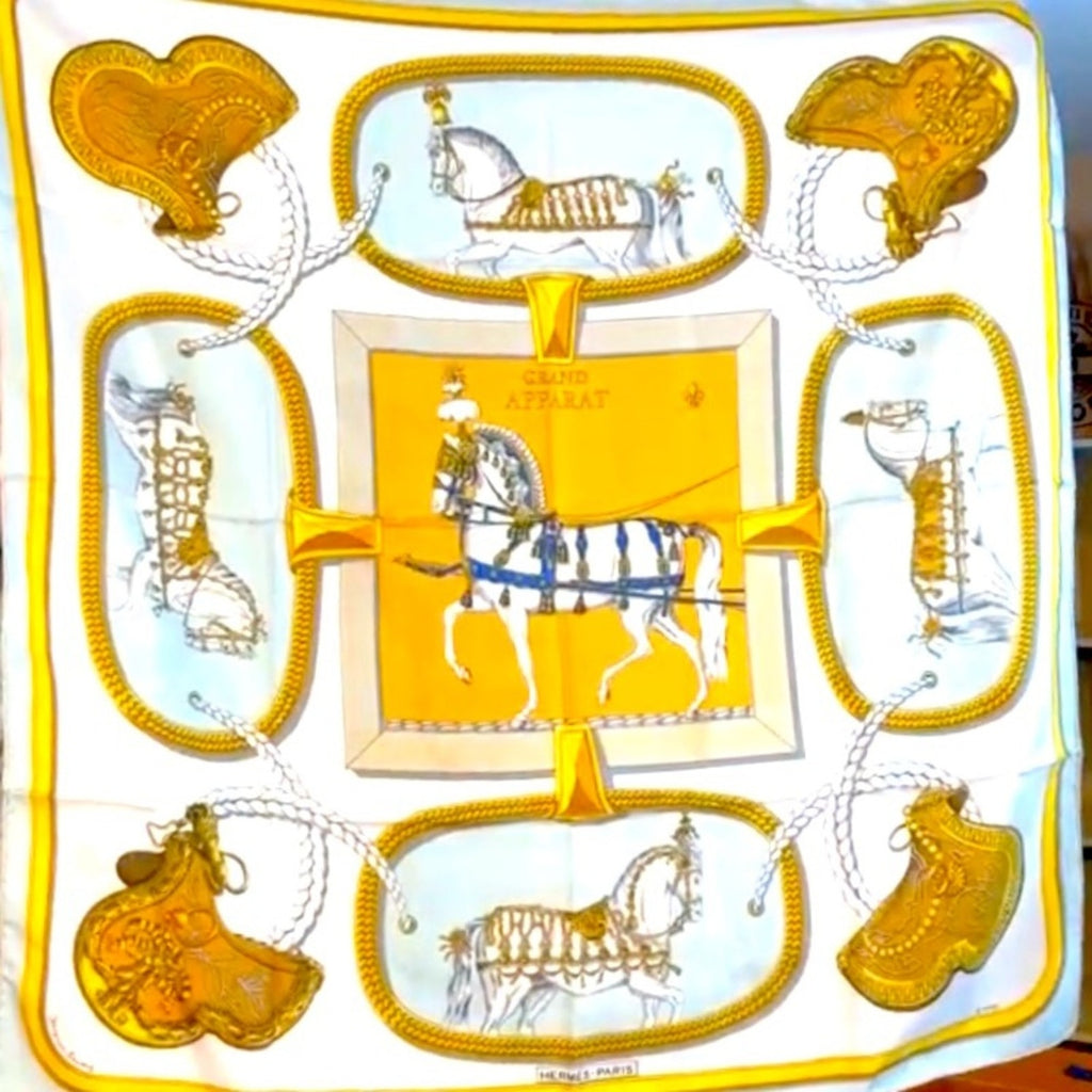 Hermès Equestrian Print Silk Scarf with Different horse images in each frame