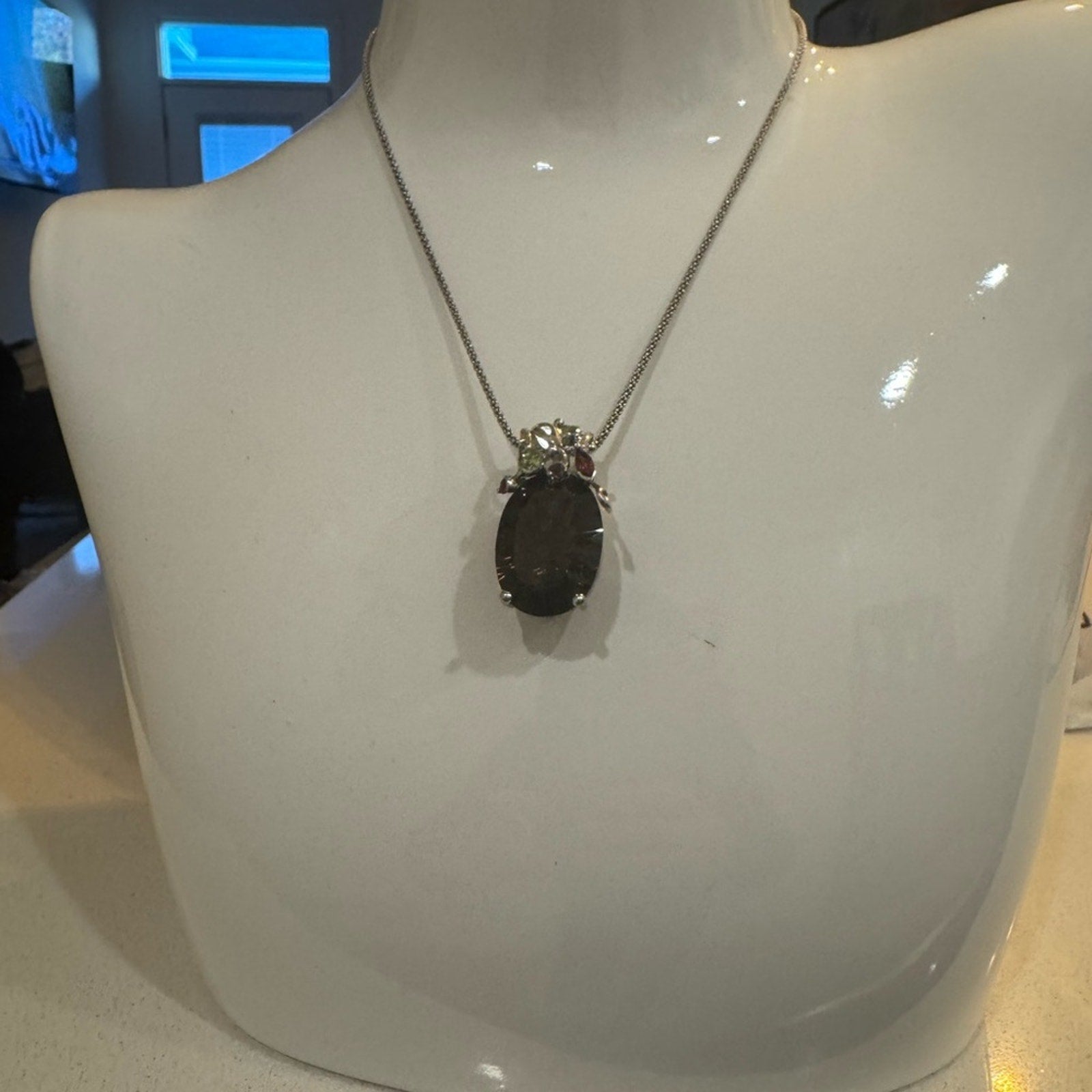 Enormous Smoky Quartz & smaller semiprecious gemstones elaborate setting silver