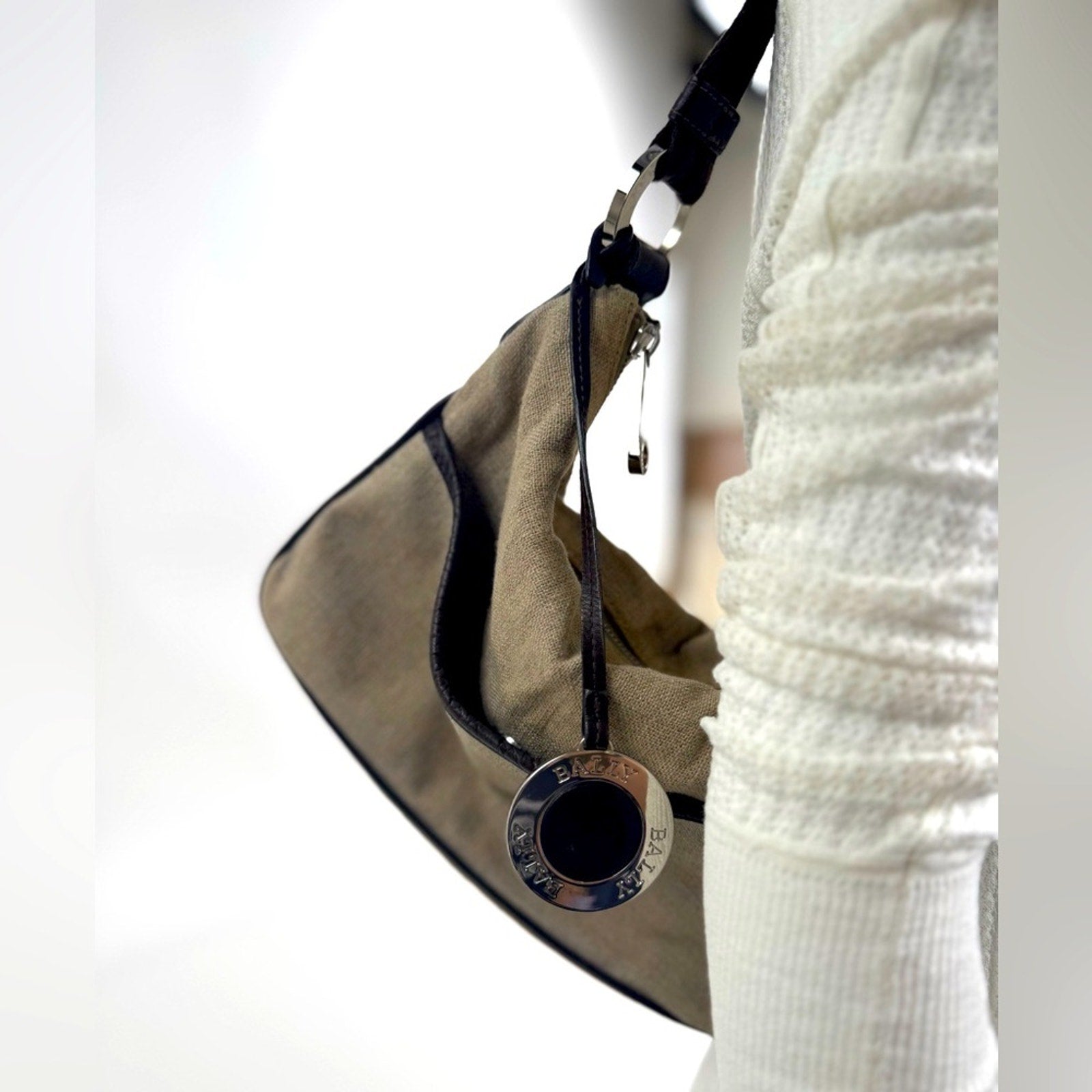 Bally linen shoulder bag /leather piping/web strap and  silver Bally purse charm