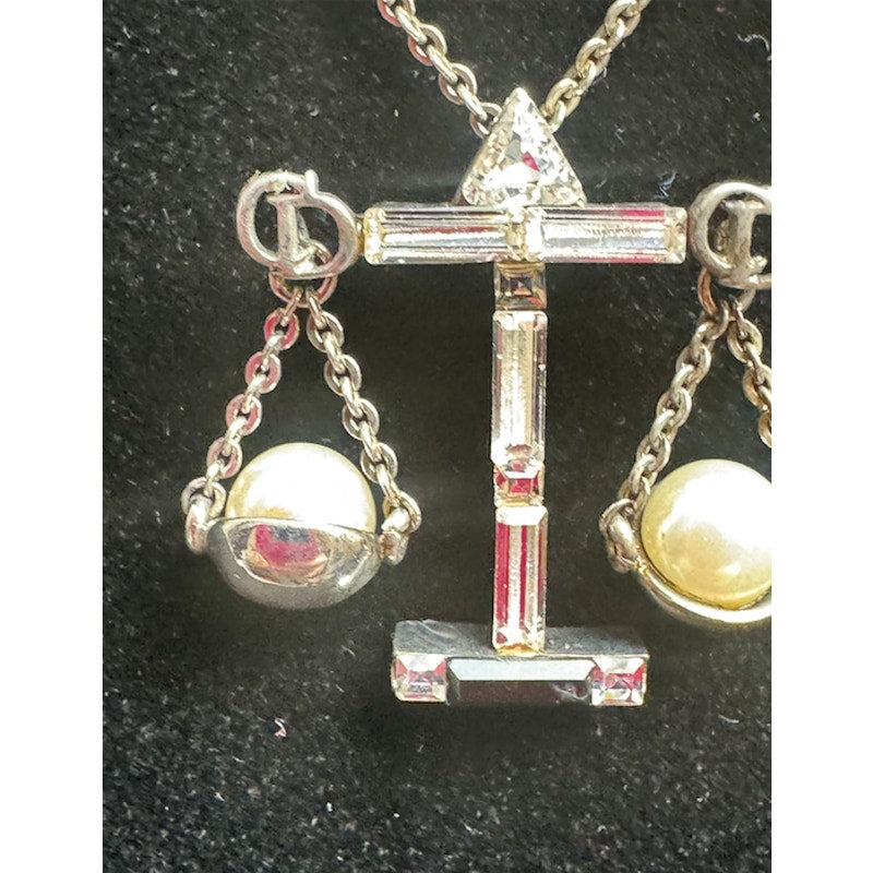 Christian Dior Silver Scale of Justice Charm Necklace with Pearls & Crystals