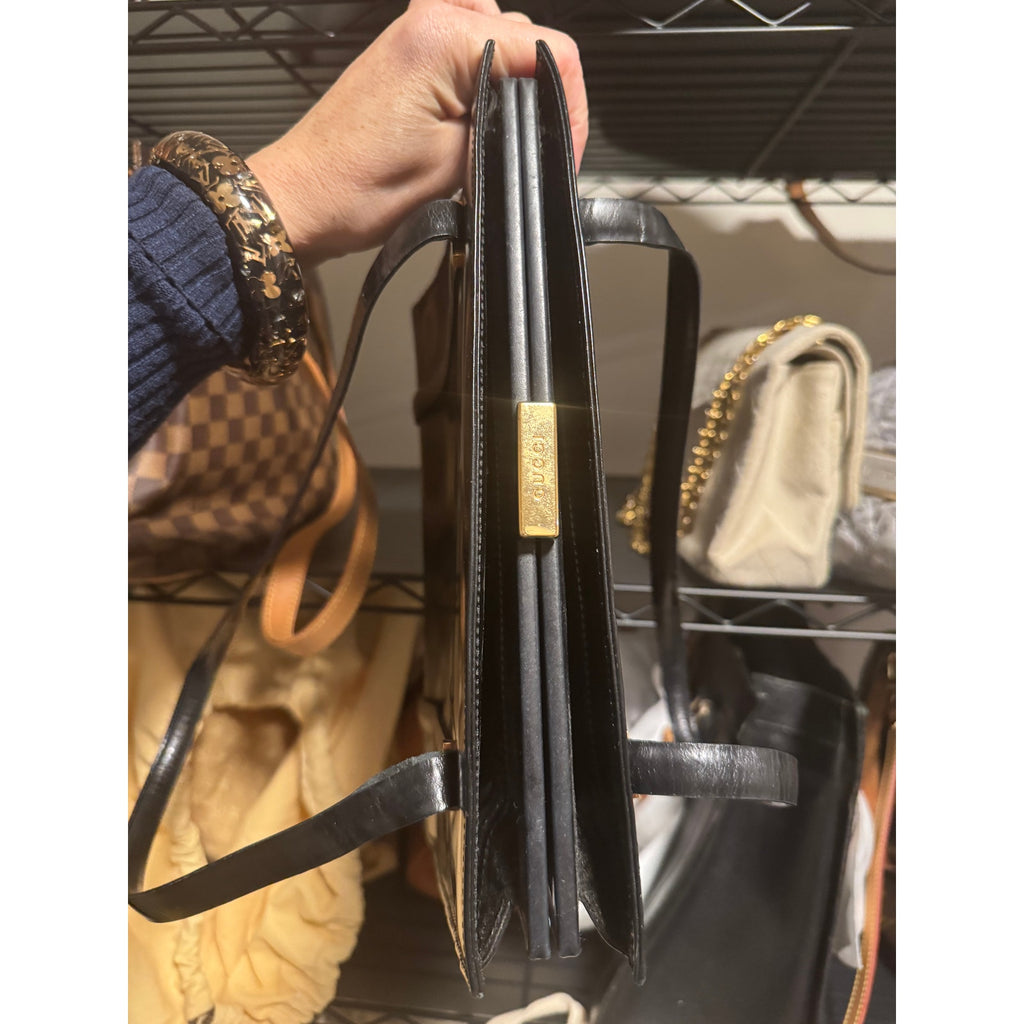 Gucci Vintage Black Leather Structured Kiss Lock Shoulder Bag