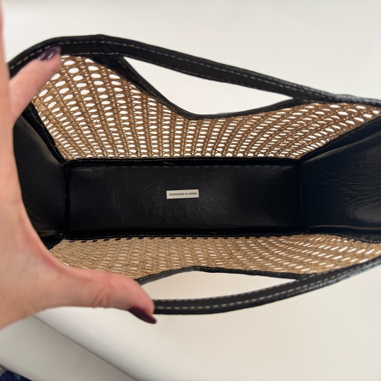 Black leather and rafia unbranded unique modern art tote/top handle bag