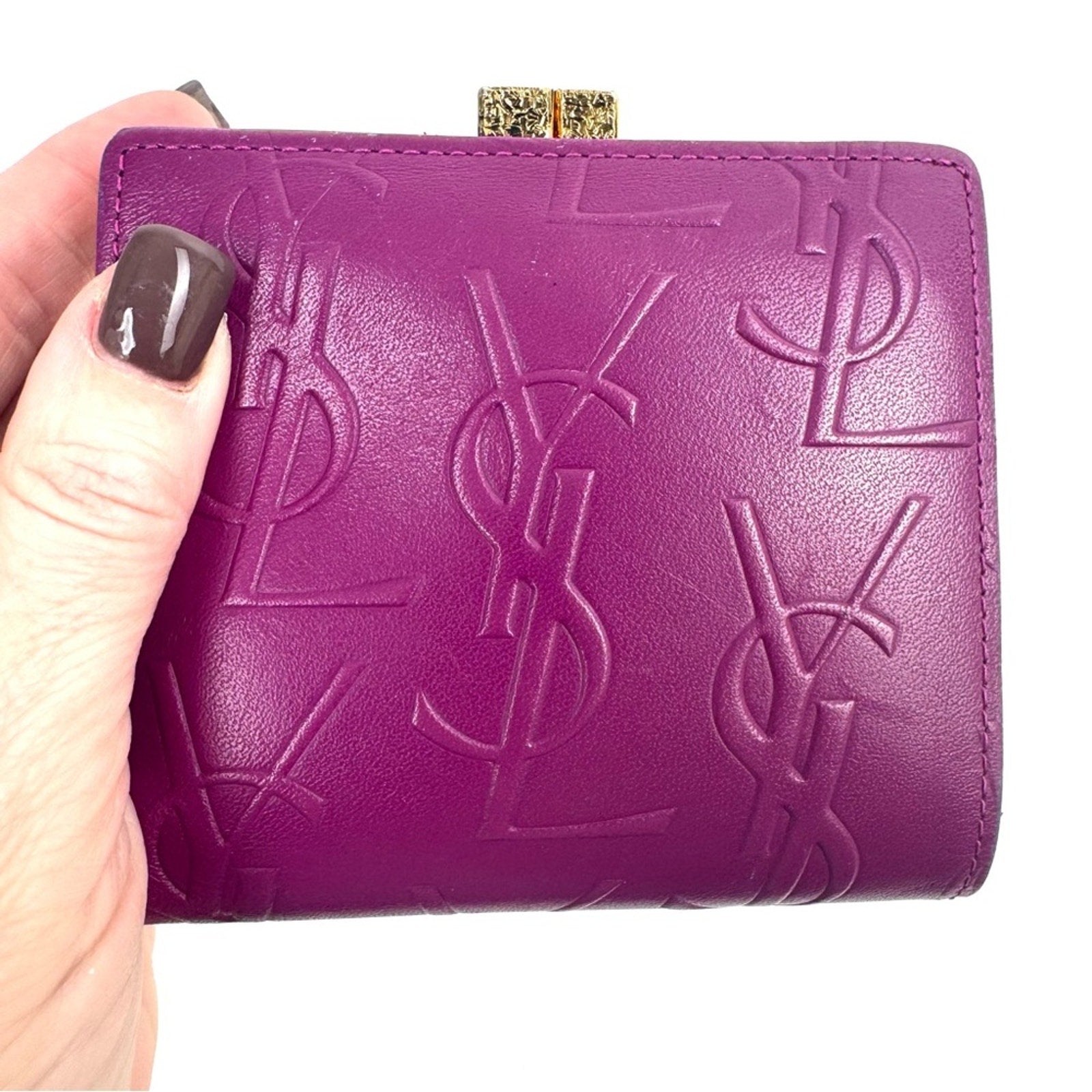 Yves Saint Laurent Purple Small Women's Wallet with decorative kiss lock snap