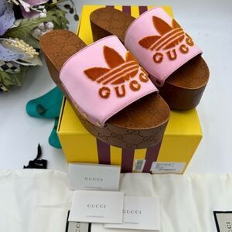 Women’s Gucci, X Adidas, pink satin GG clogs size 37 made in Italy.