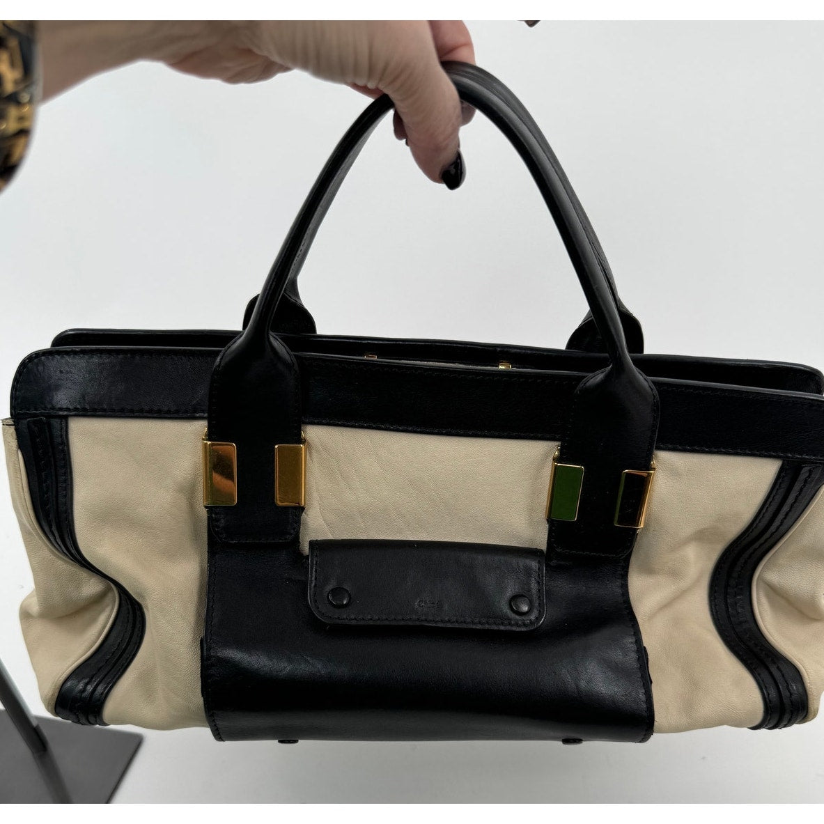 Chloe Black Cream Leather Colorblock Weekender Two Way Bag