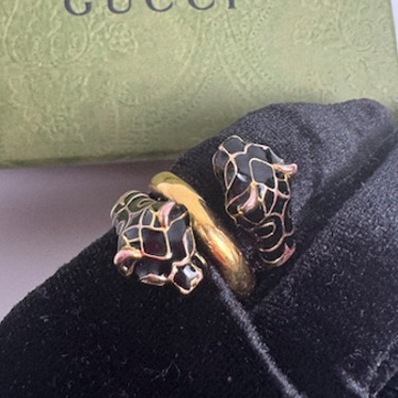 Gucci Garden Tiger Head Statement Ring Gold Plated with Green Crystal Eyes Sz 7