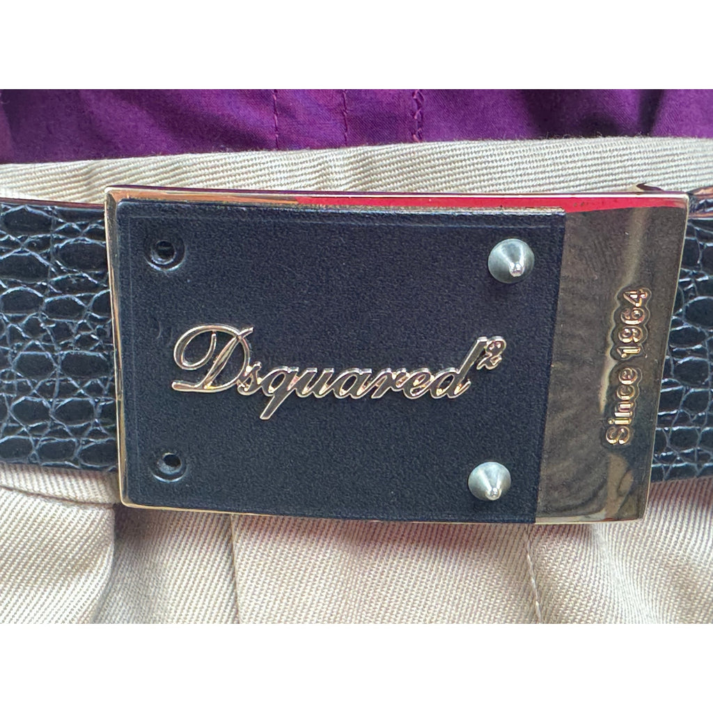 DSQUARED2 NWOT Black Leather Plaque Croc Embossed Belt Size 70 Made in Italy