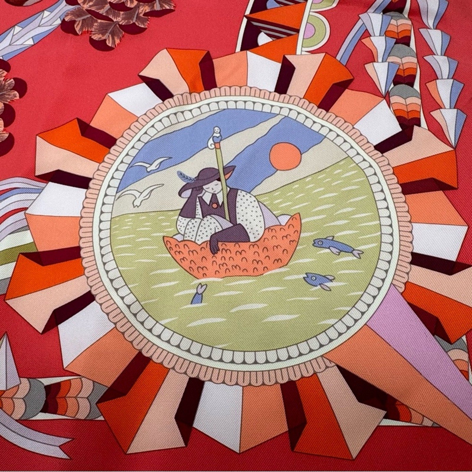 Hermes, silk scarf. The theme is the magic umbrella, coral colorway w/vignettes.