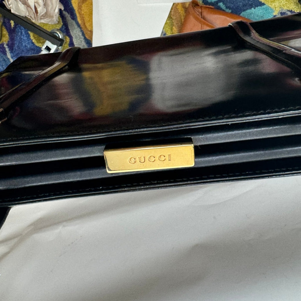 Gucci Vintage Black Leather Structured Kiss Lock Shoulder Bag