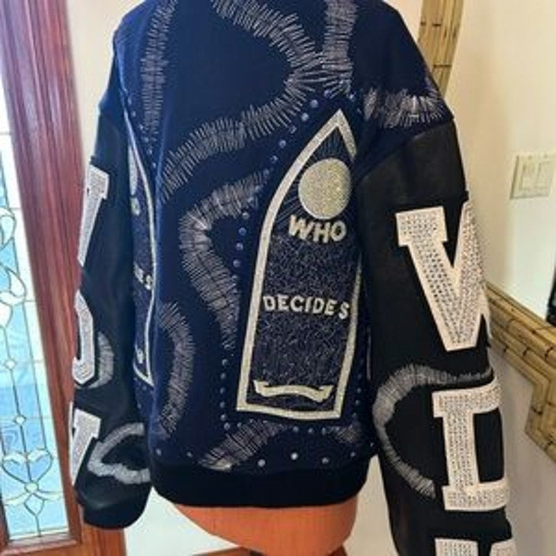 Men's WHO DECIDES war hardware, varsity jacket, size XL