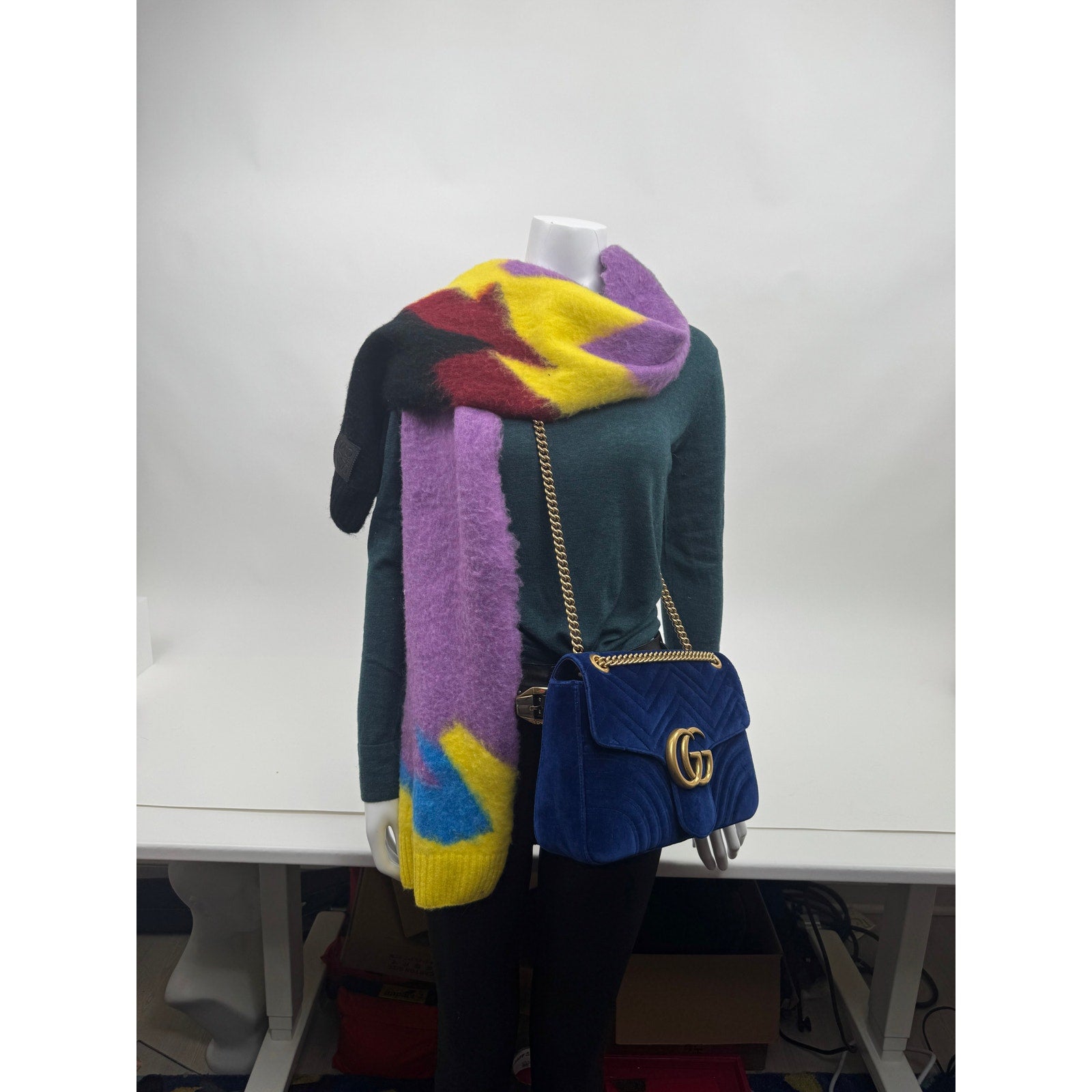 Loewe Intarsia Abstract Multicolor Wrap Knit Wool Blend Scarf