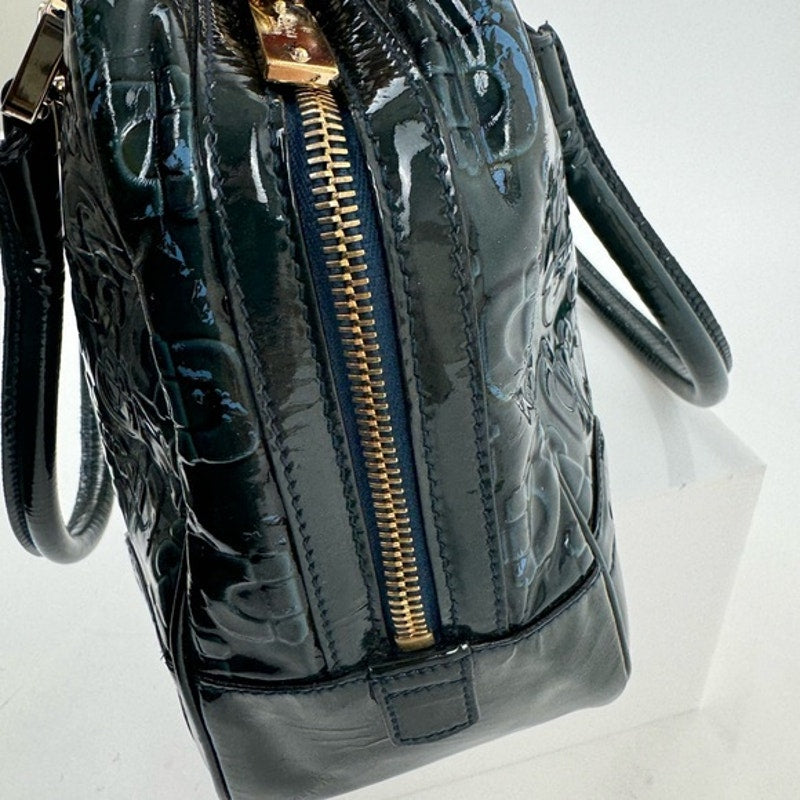 Gucci Vintage Green Blue Black patent leather top handle bag w/gold hardware