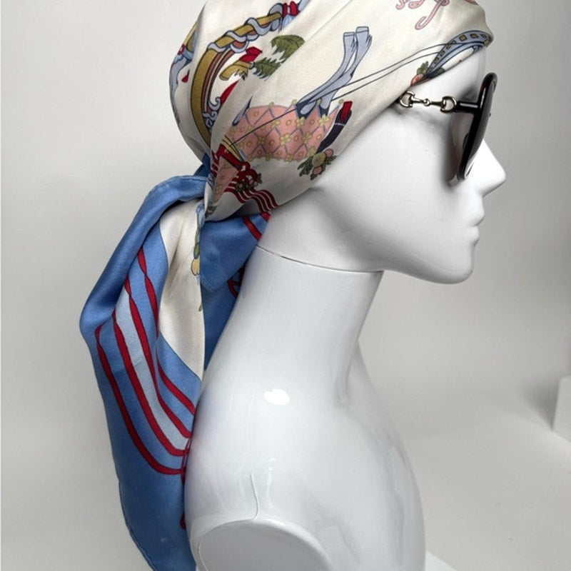 Hermes silk scarf red/blue colorway/whimsical sleds horses w/flourishes of color