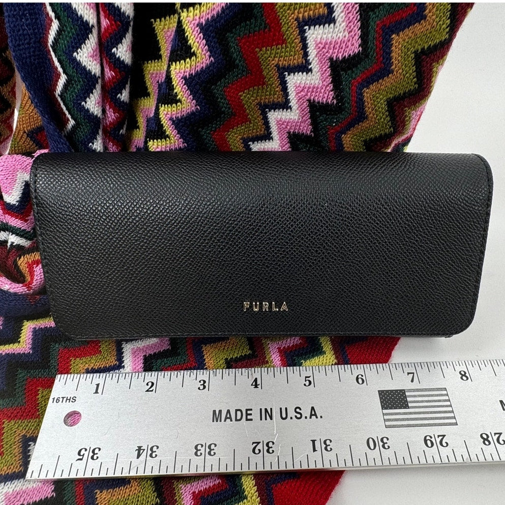 Furla NWT Black Pebble Grained Continental Trifold Wallet With Box and Bag Charm