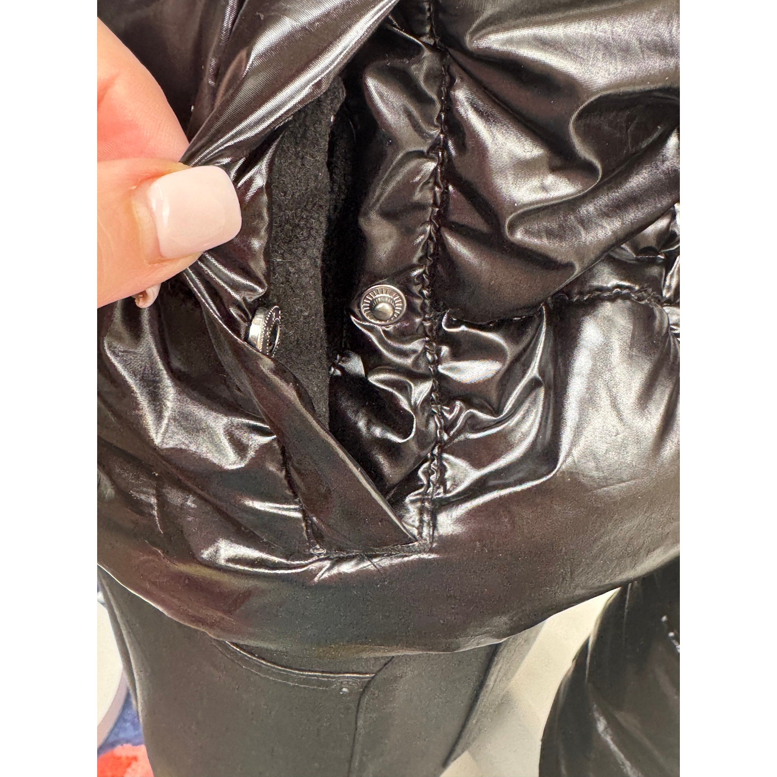 Kids Hudson Black Shiny Puffer Jacket with Faux Fur Hood Size L Fits Women’s XS