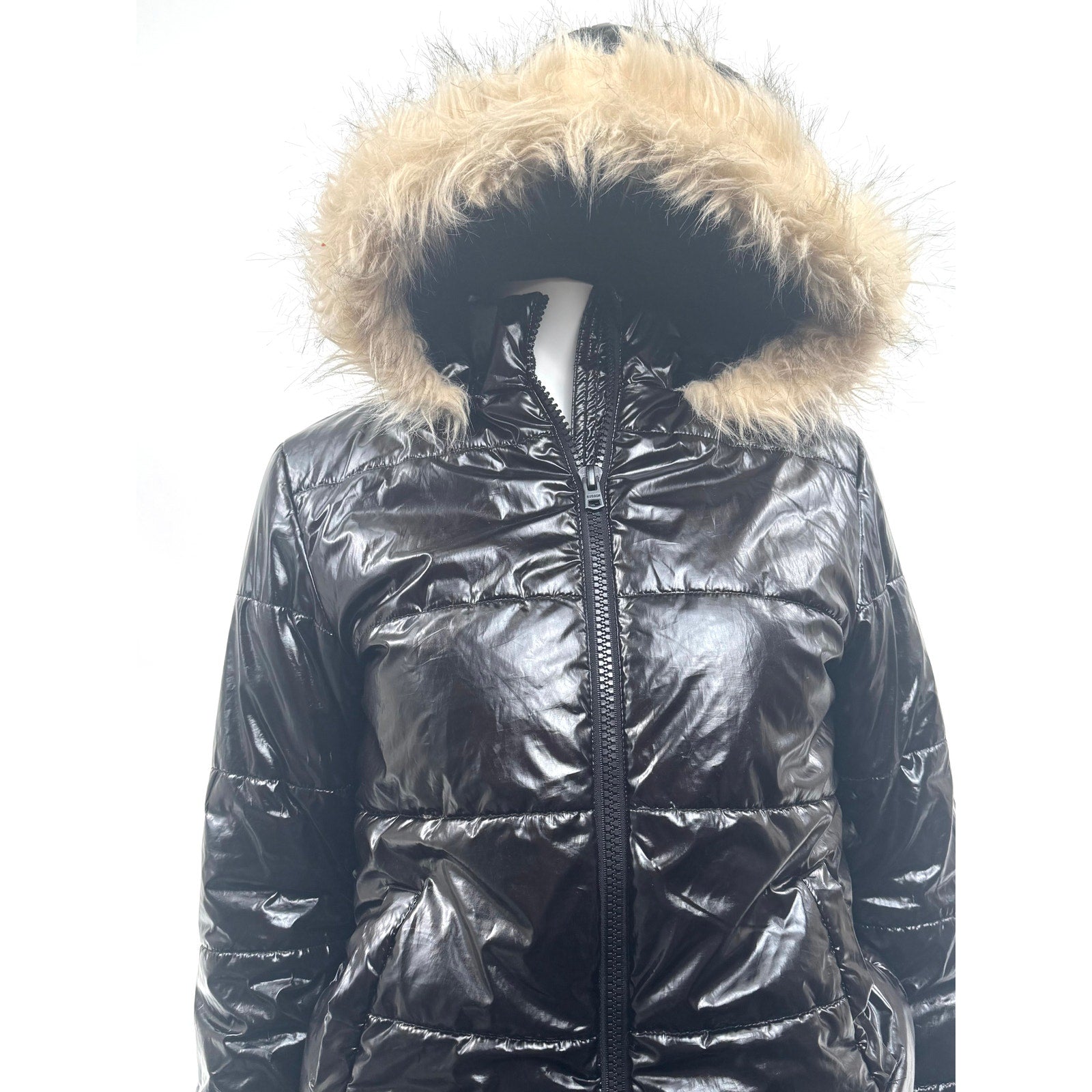 Kids Hudson Black Shiny Puffer Jacket with Faux Fur Hood Size L Fits Women’s XS