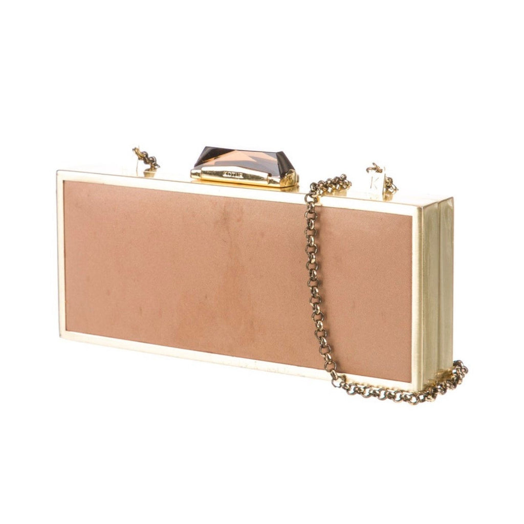 Kotur Beige Satin Crystal Embellished Shoulder Bag Evening Clutch Gold Chain