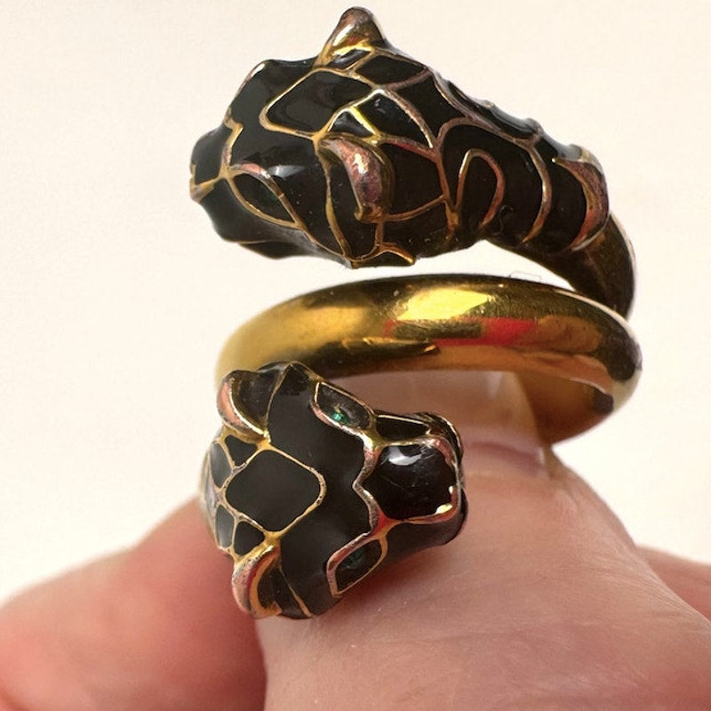 Gucci Garden Tiger Head Statement Ring Gold Plated with Green Crystal Eyes Sz 7