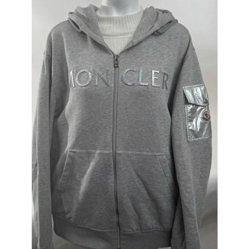 Moncler Men’s 2XL Gray Zip-Up Hoodie – Metallic Puffed Lettering (NWOT)