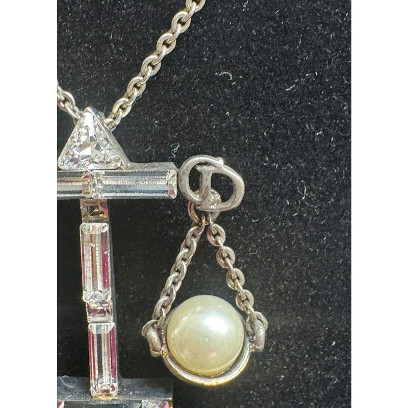 Christian Dior Silver Scale of Justice Charm Necklace with Pearls & Crystals