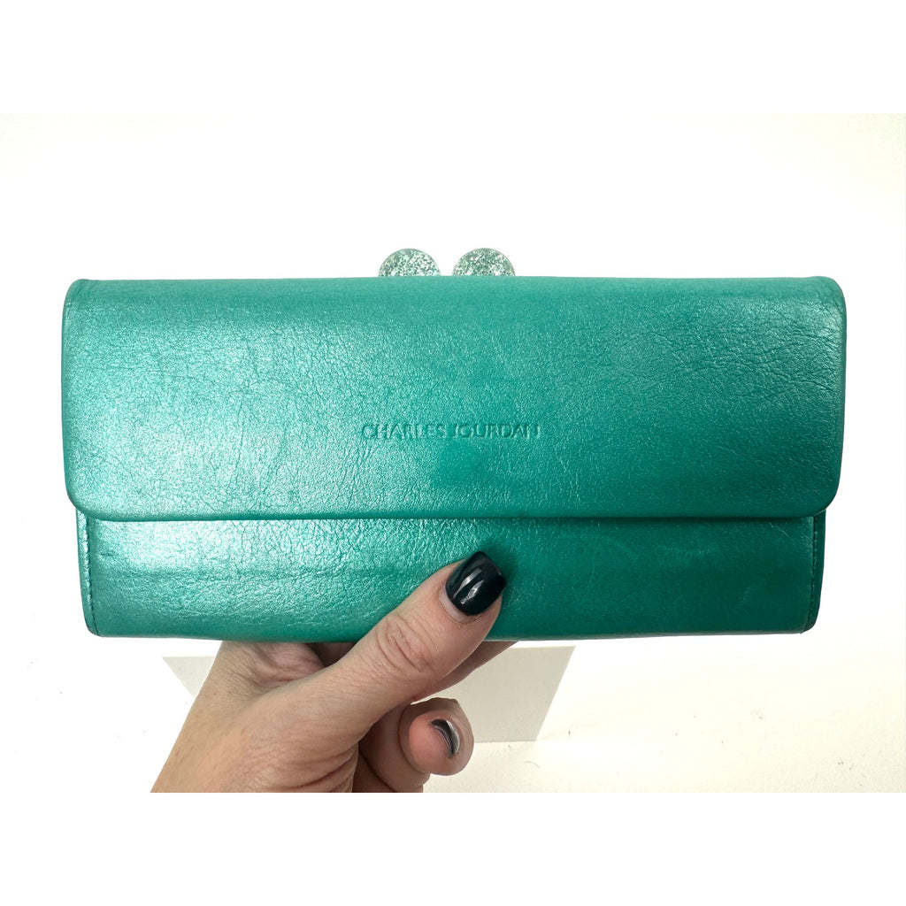 Charles Jorudan Blue Green Leather Kiss Lock Long Snap Wallet