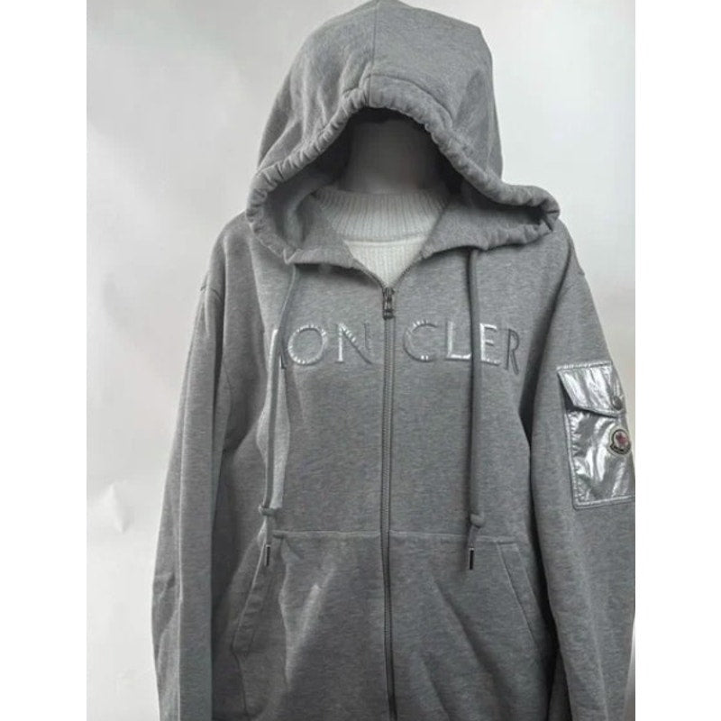 Moncler Men’s 2XL Gray Zip-Up Hoodie – Metallic Puffed Lettering (NWOT)