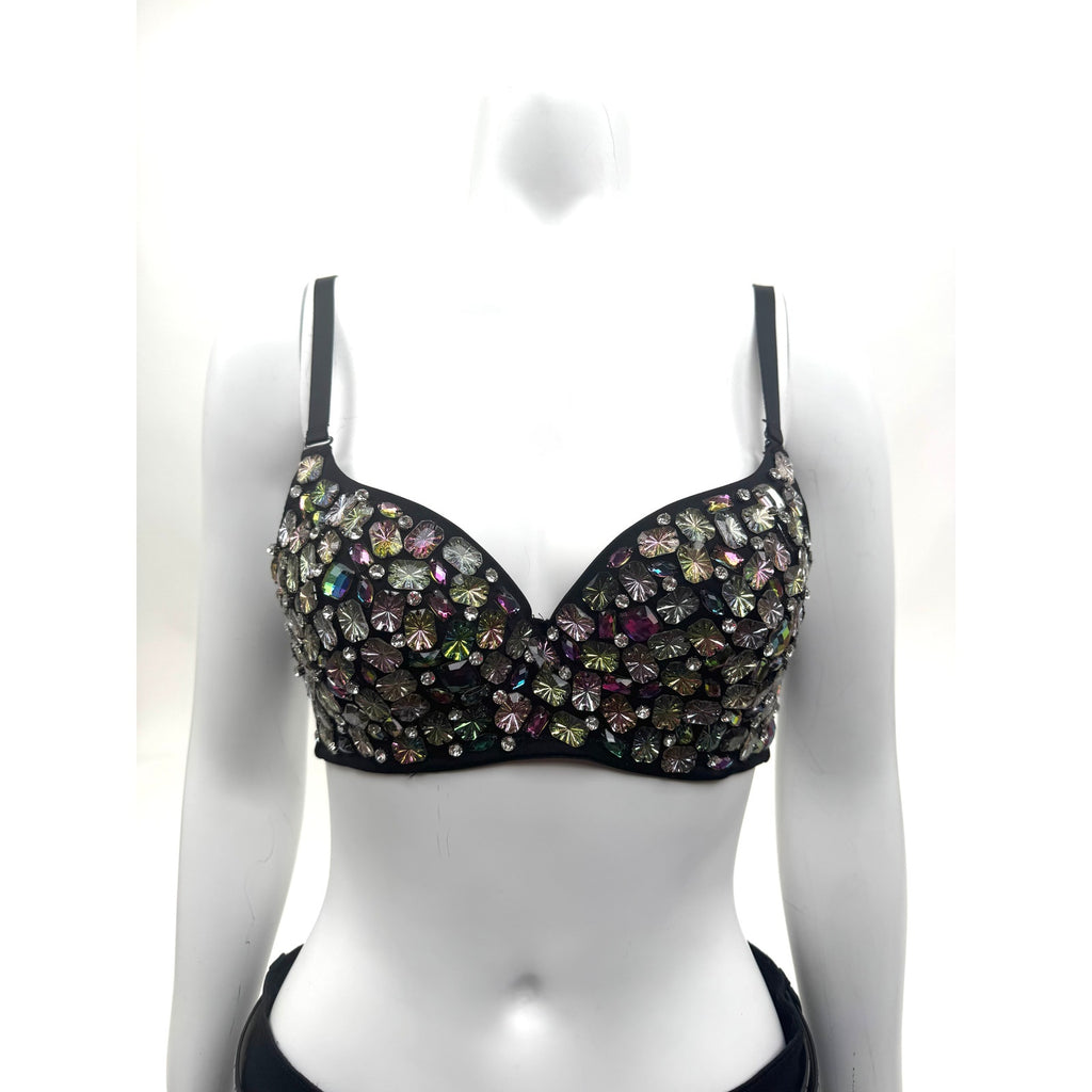 Custom Hand-Sewn Gem Bra with Embellished Band Size L
