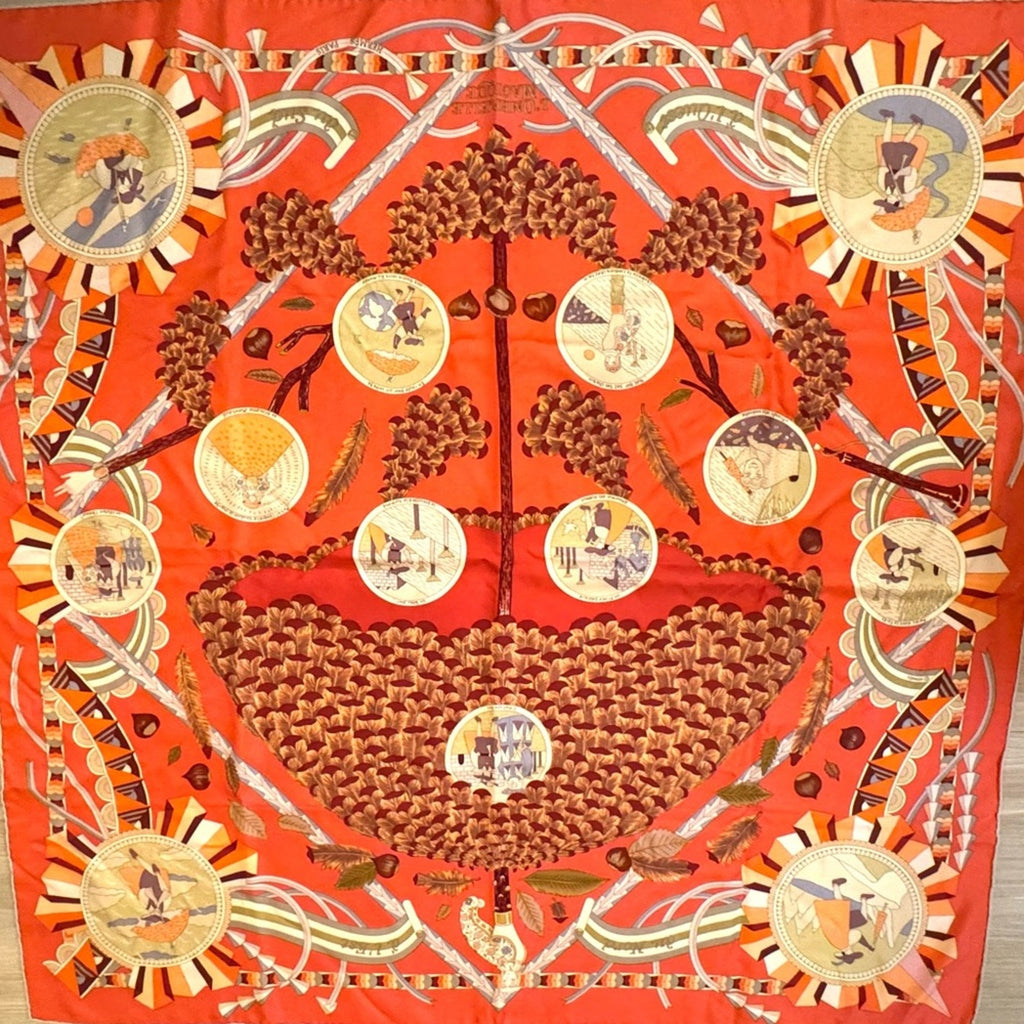 Hermes, silk scarf. The theme is the magic umbrella, coral colorway w/vignettes.