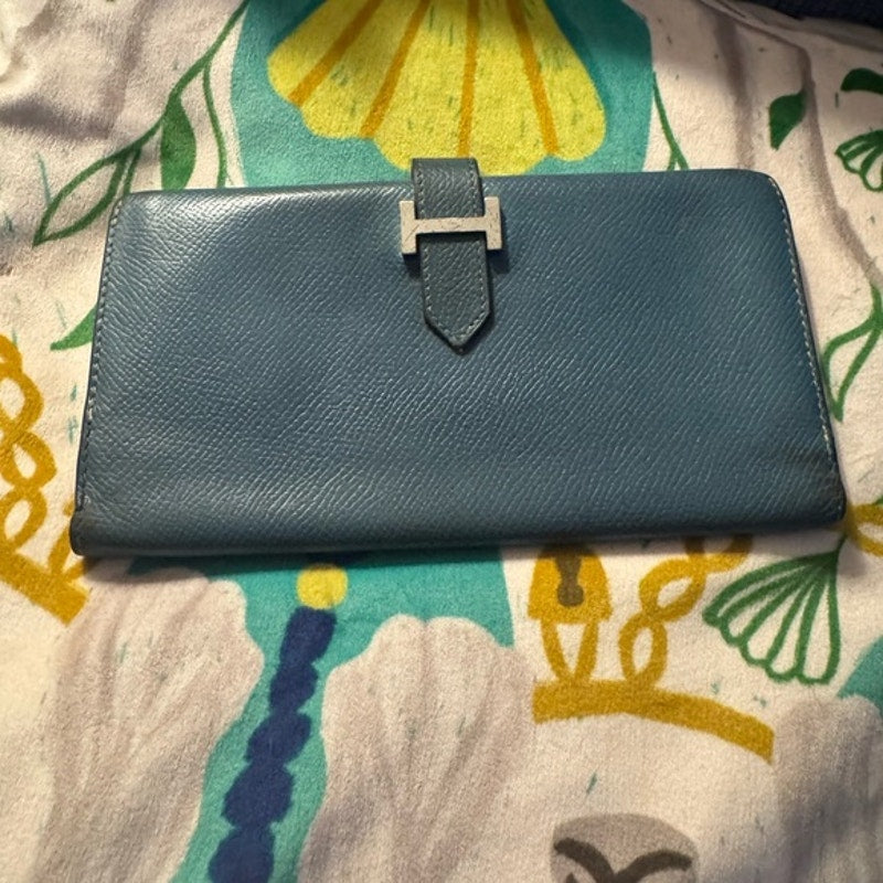 Hermes Blue Jean Tadelakt Bearn wallet Palladium Hardware cream contrast stitch