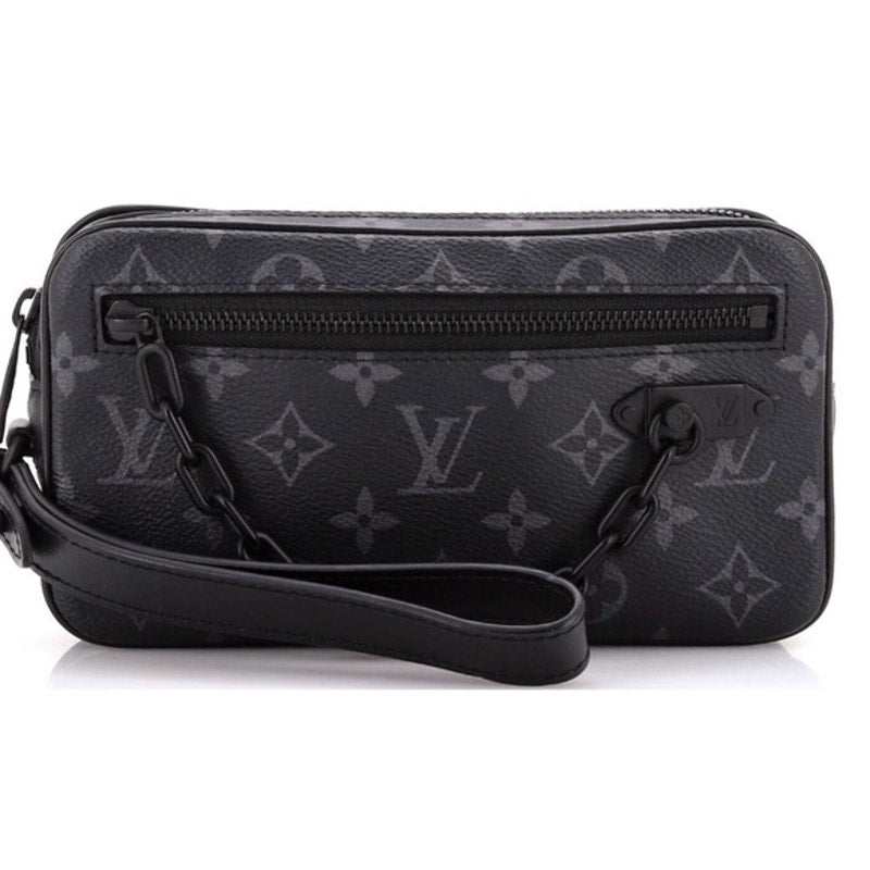 LV Black Virgil Abloh Coated Canvas Monogram Eclipse Volga Pochette Clutch Bag