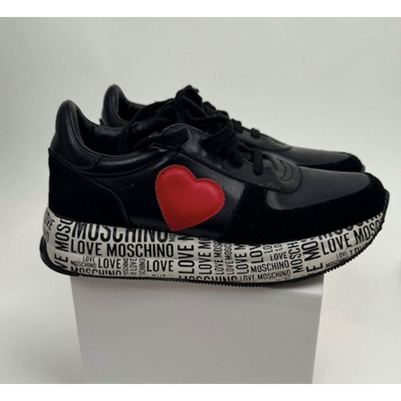 Women's Love Moschino Heart Patch Platform Sneakers Black Red Size 8 EU 38