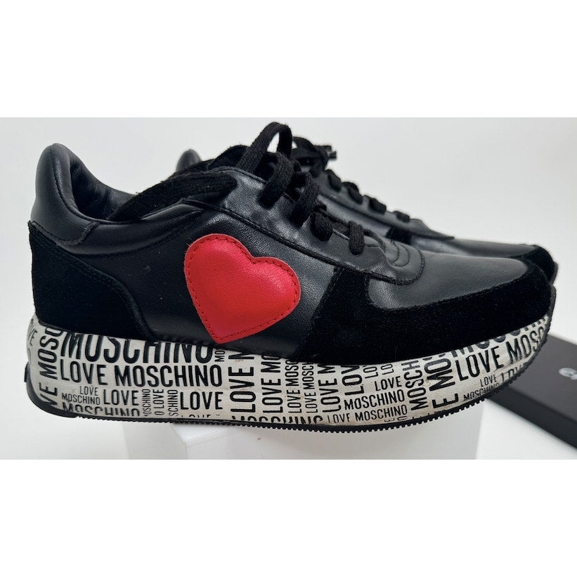 Women's Love Moschino Heart Patch Platform Sneakers Black Red Size 8 EU 38