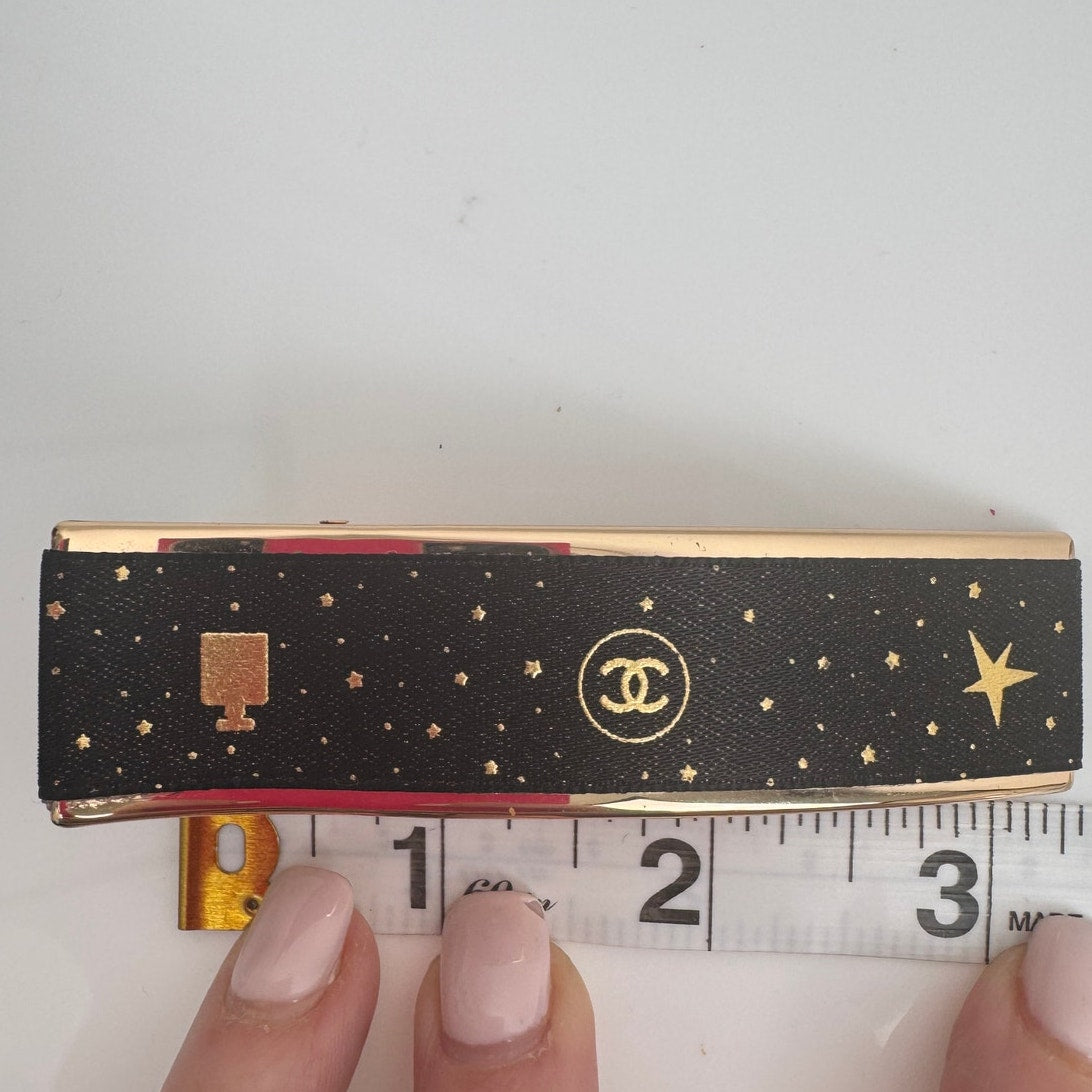 Women's Chanel Black & Gold Logo Star Print Hair Barrette Clip