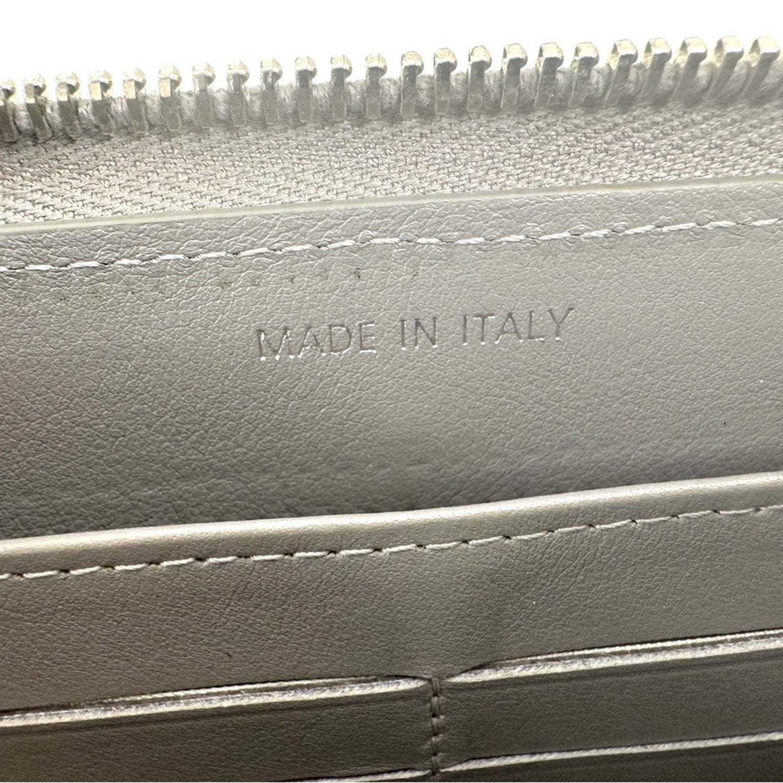 Women’s Chanel zip around long wallet, gray quilted pattern ombre holo present