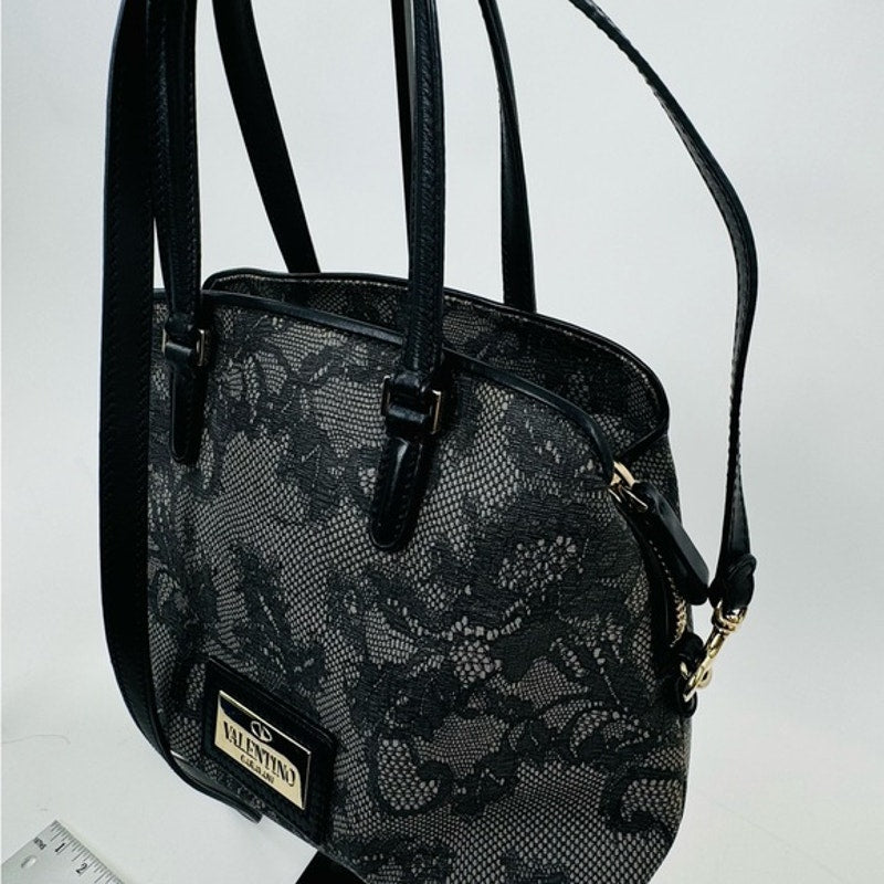 Valentino Garavani Black Lace Top Handle Bag with 3 sections and gold feet