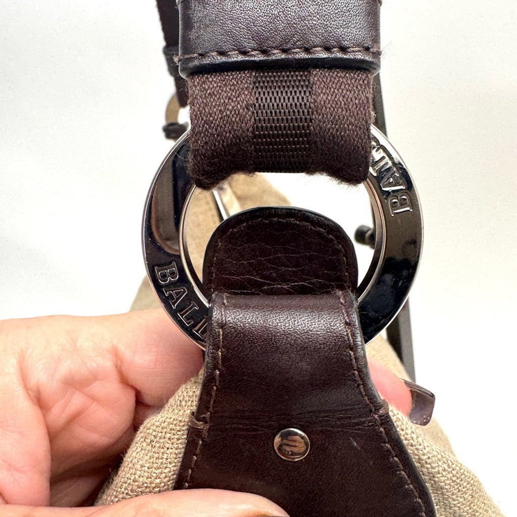 Bally linen shoulder bag /leather piping/web strap and  silver Bally purse charm