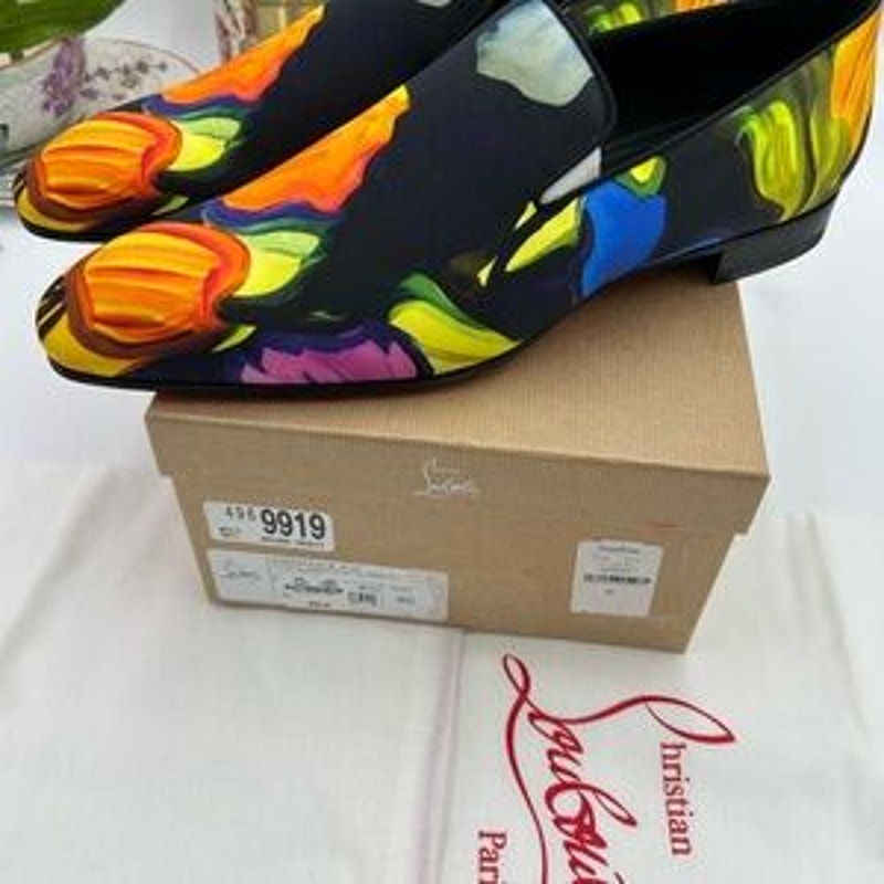 Men's Christian Louboutin, dandy chick roses, satin loafers size 46 made Italy