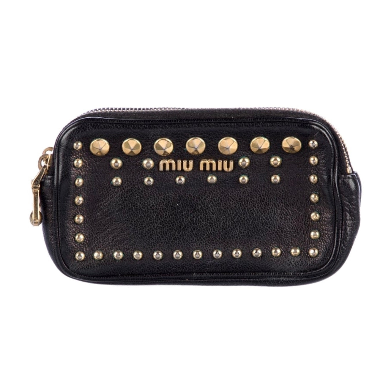 Miu Miu Black Leather Gold Studded Zip Around Wallet