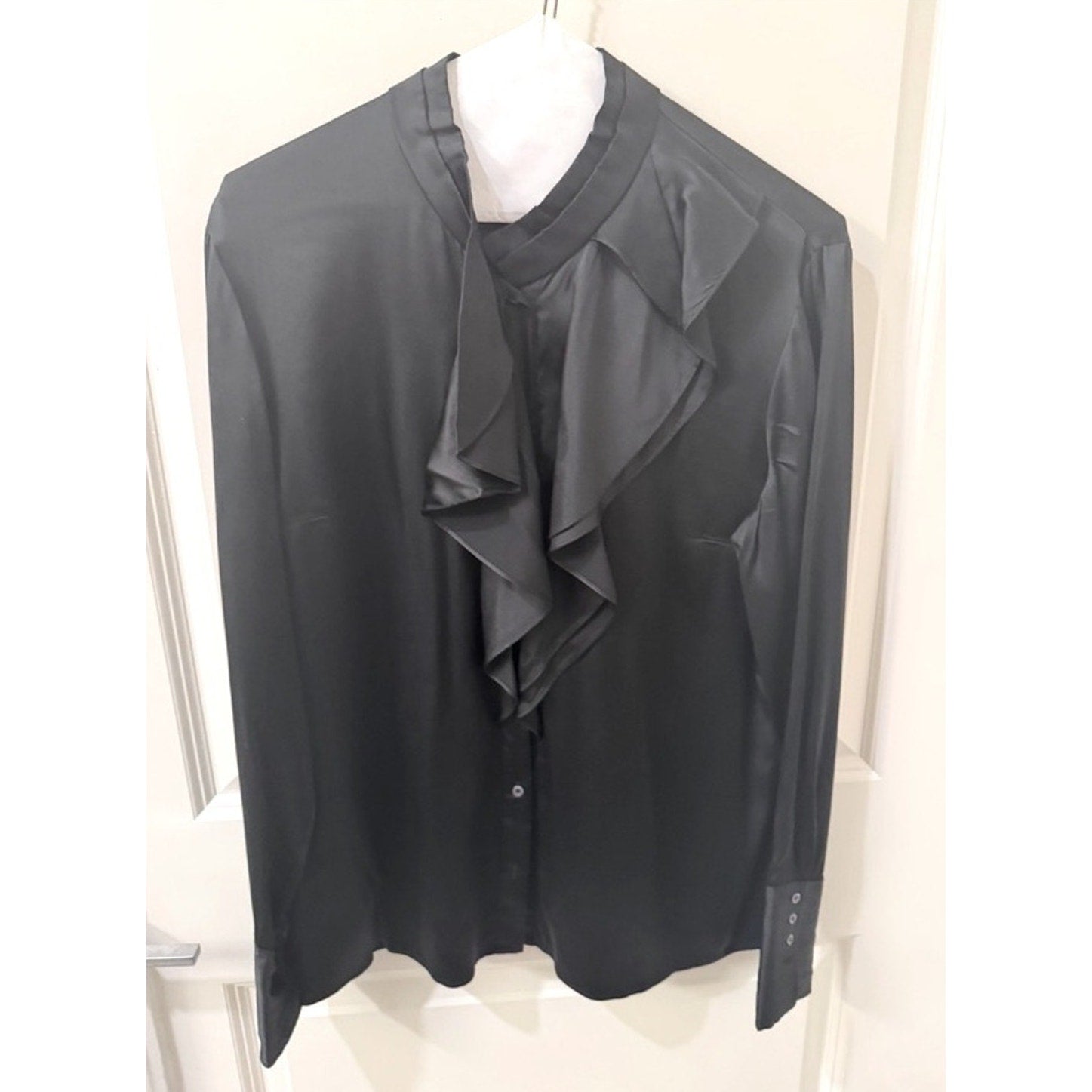 Hugo Boss Black button up silk Dress Shirt with Ruffle Detail women’s size 10