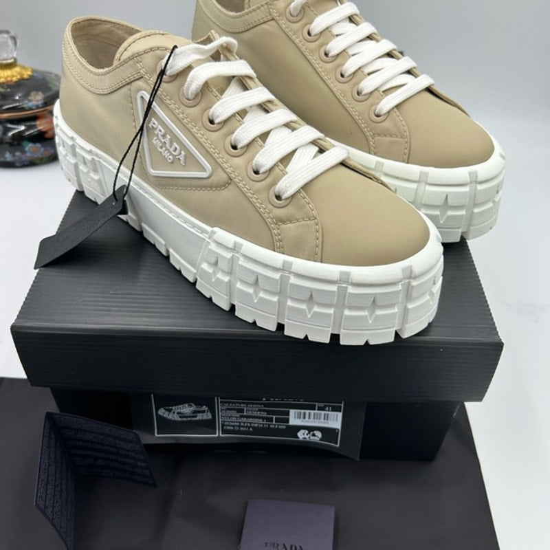 Women's Prada double wheel nylon gabardine sneakers, desert beige size 41