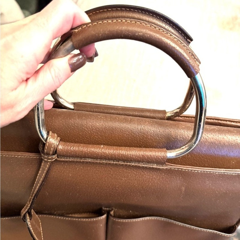 Gucci Tom Ford Brown Leather Silver circular top handle, 2 pocket snap top tote