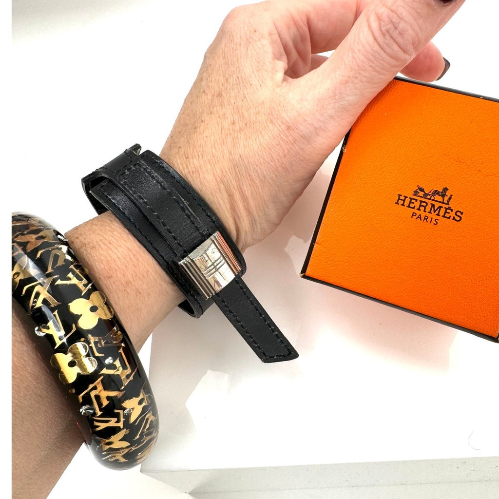 Hermes Rare Black Logo Artemis Leather With Silver Closure Bracelet