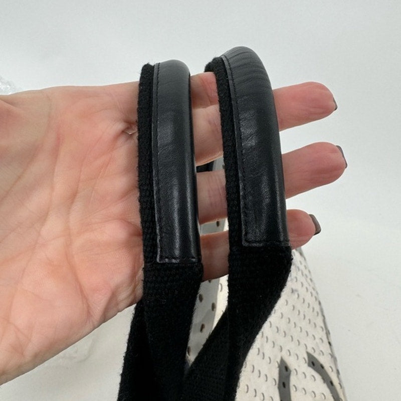 Chanel ENORMOUS tote, black + white fabric w/perforated pvc layer over material