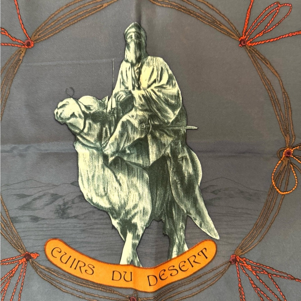 Hermès silk scarf in a darker blue and maroon Color Way, Middle Eastern motif