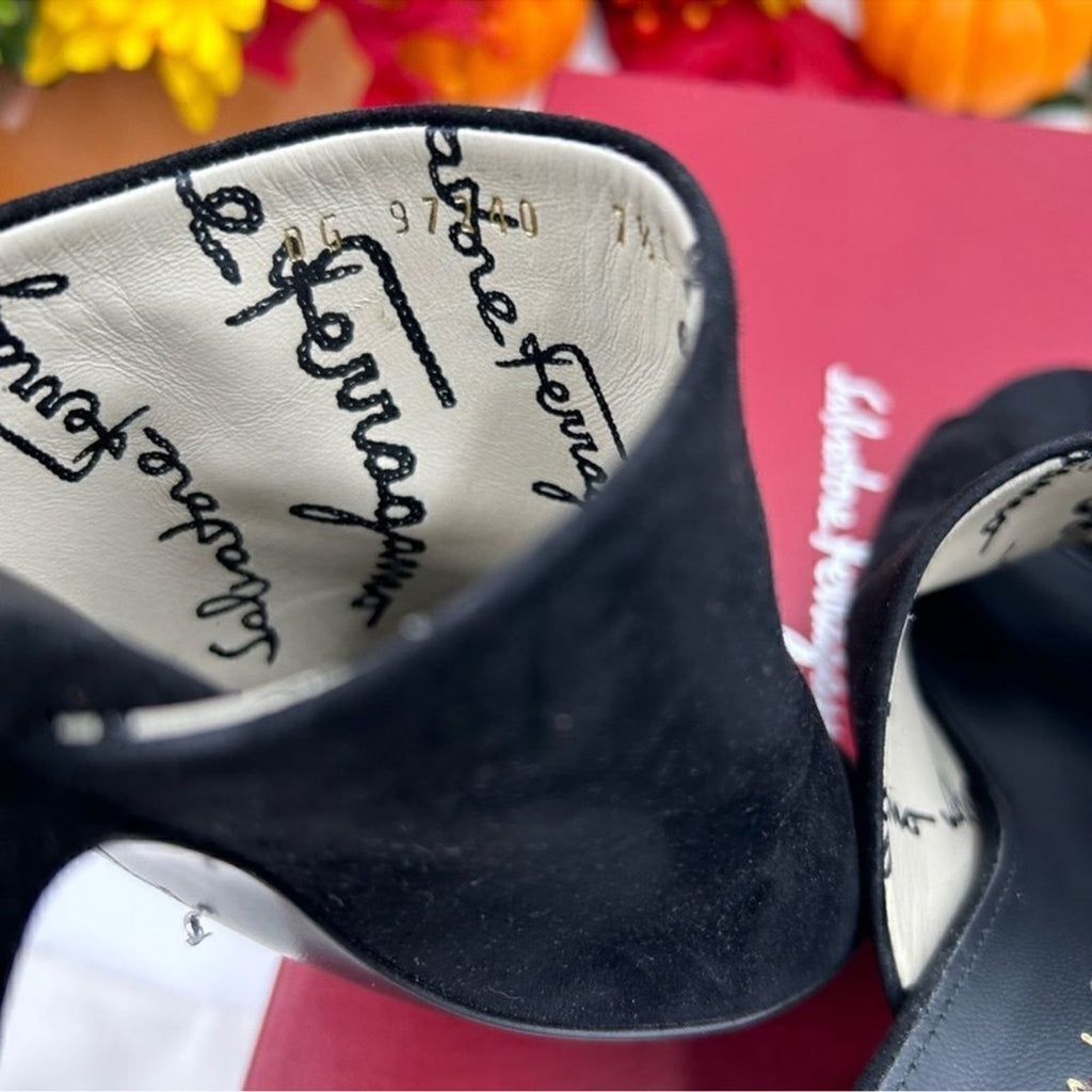 Women's Salvatore Ferragamo Judy 85 Suede mules, size 7, made in Italy