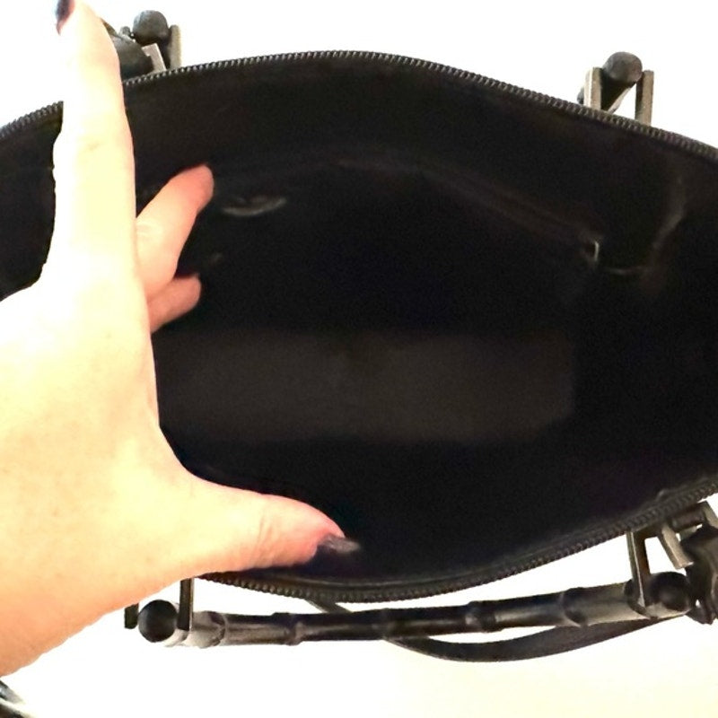 Gucci Black Pebble Grained leather w/bamboo handle /top zip/silver hardware
