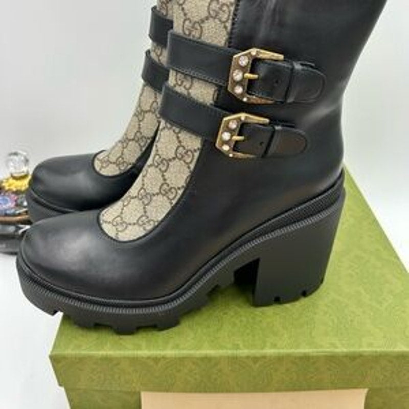 Women's Gucci Supreme ankle boots with rhinestone studded buckles size 41.5